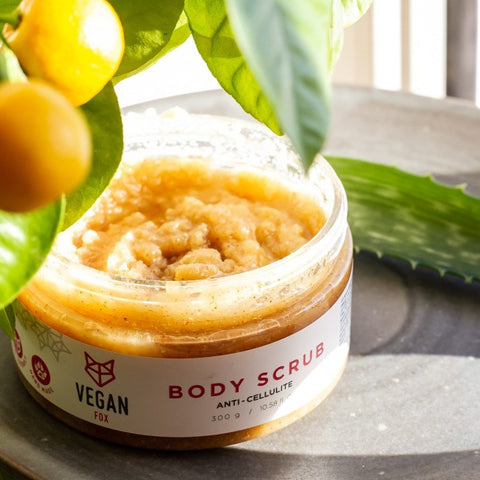 1. Vegan Fox Anti-cellulite Body Scrub Ginger, 300g, with grapefruit and ginger slices on yellow background