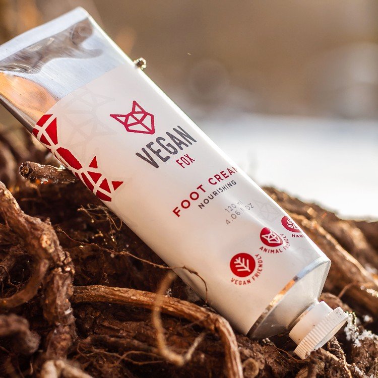1. Vegan Fox Nourishing Foot Cream tube on natural background, highlighting vegan and cruelty-free features