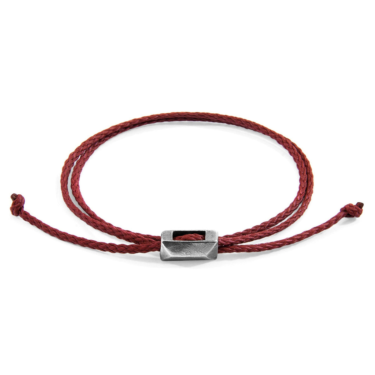 1. Edward Silver and Rope SKINNY Bracelet in burgundy red by ANCHOR & CREW, featuring sterling silver clasp and adjustable marine-grade rope, studio shot