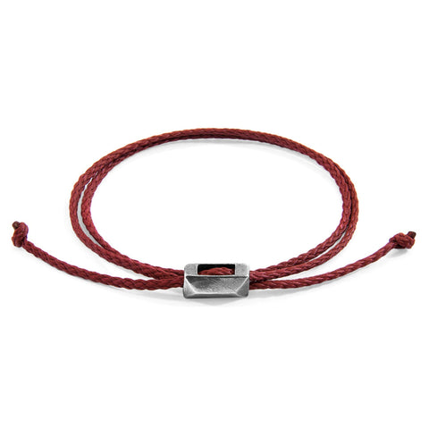 1. Edward Silver and Rope SKINNY Bracelet in burgundy red by ANCHOR & CREW, featuring sterling silver clasp and adjustable marine-grade rope, studio shot