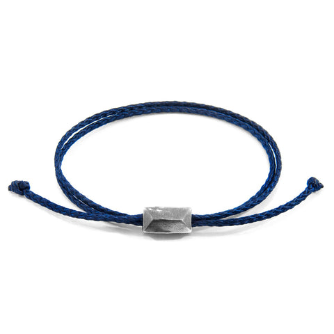 1. Edward Silver and Rope SKINNY Bracelet in navy blue by ANCHOR & CREW, featuring sterling silver clasp, studio shot