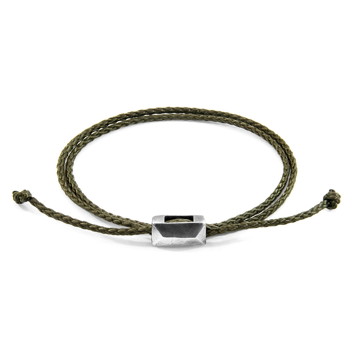 1. Edward Silver and Rope SKINNY Bracelet in khaki green by ANCHOR & CREW, featuring sterling silver clasp, shown in studio