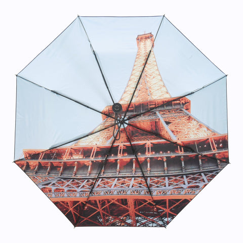 2. Eiffel Umbrella fully open displaying Eiffel Tower pattern from below, highlighting the intricate design