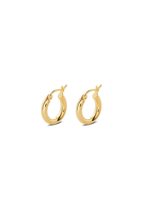 2. Studio image of NO MORE Ella Hoops Earrings in gold, highlighting 925 sterling silver with 24k gold vermeil