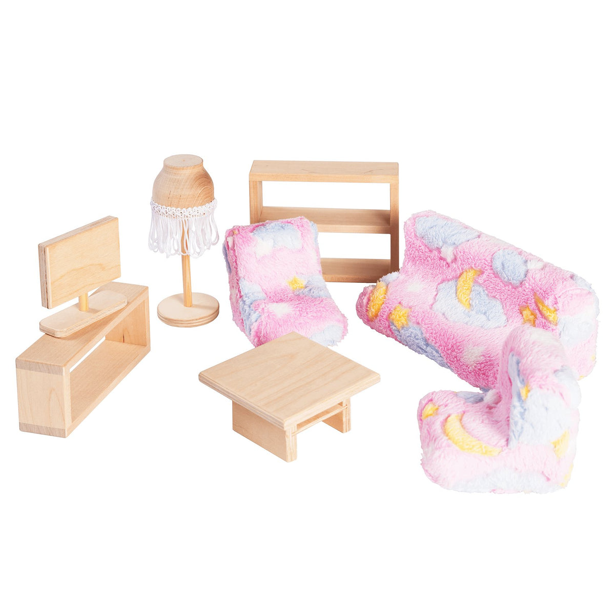 1. Dollhouse living room furniture set with pink upholstered sofa and chairs, wooden TV, floor lamp, shelves, and tables, designed for Roosi dollhouses, shown on white background