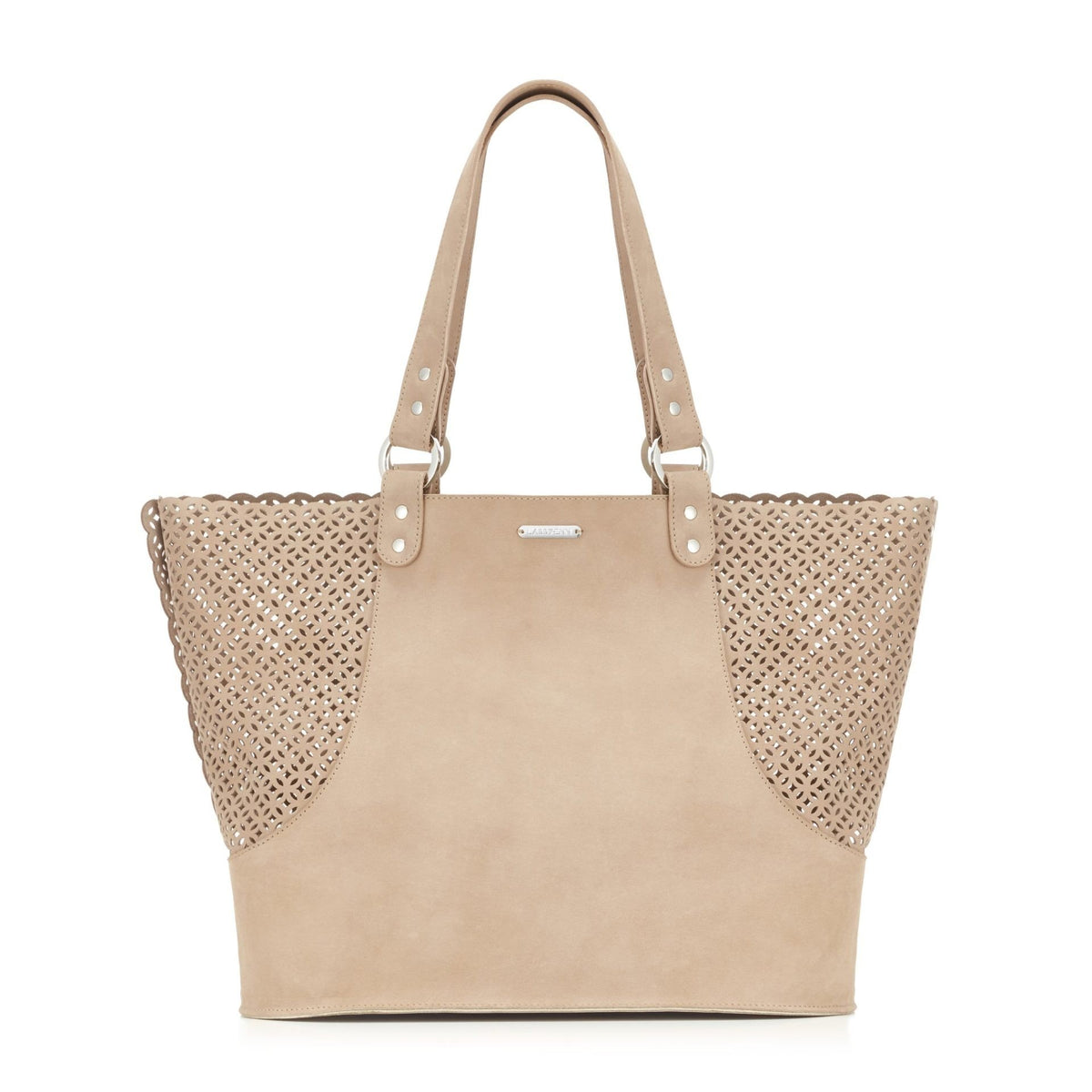 4. Studio shot of nude Elva dog carrier with perforated Nubuck leather design and brand logo