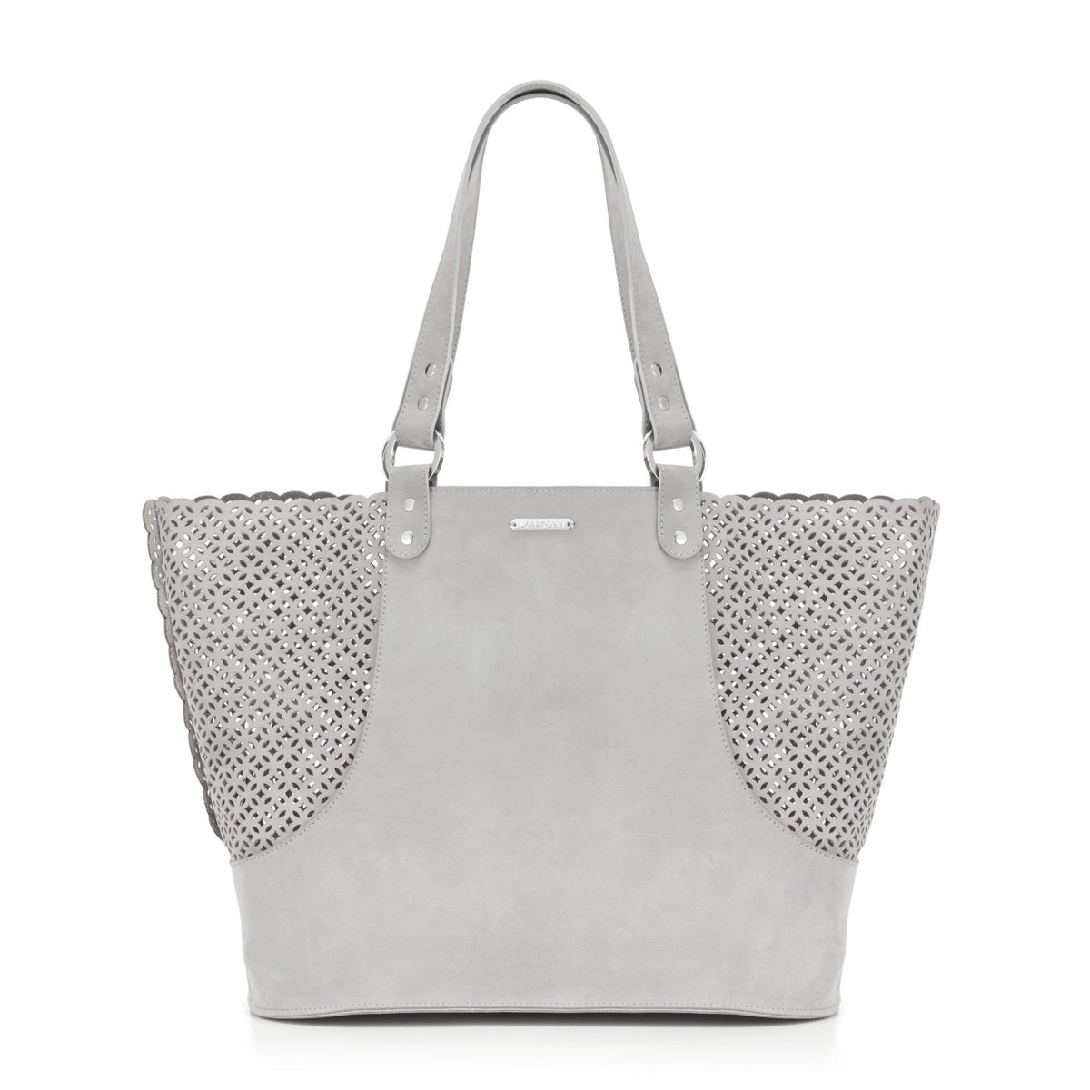 2. Light grey Nubuck Elva dog carrier bag by Labbvenn with perforated design, shown in studio setting