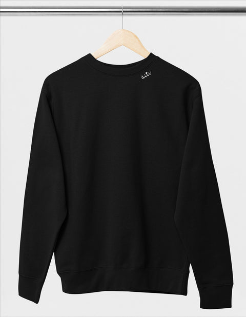 1. Unisex black Äiti sweatshirt with embroidered collar, shown from the back on a hanger