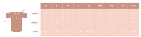 4. Size chart for Beebila unisex t-shirt, showing measurements from XS to 5XL
