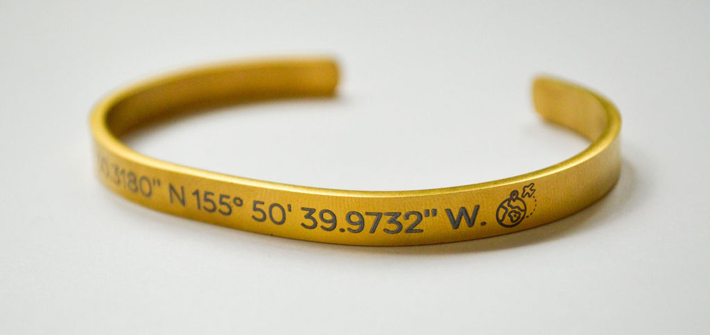 5. Gold men's bracelet with engraved coordinates on a white background