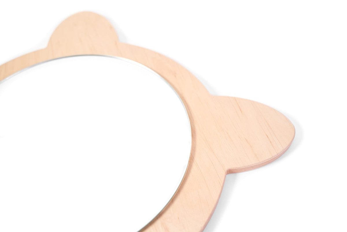 9. Close-up of cat-shaped children's wall mirror with smooth plywood frame