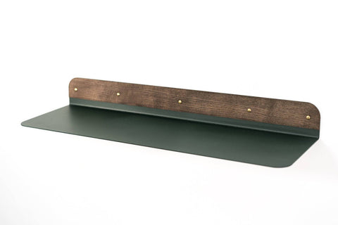 2. Green metal wall shelf with rounded edges and wooden back panel, by Ewart Woods