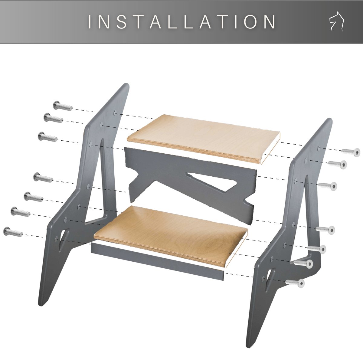 2. Installation diagram of Ewart Woods wooden step stool showing assembly with screws