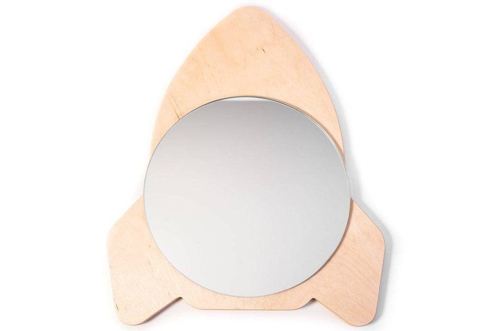 1. Rocket ship shaped children's wall mirror with round acrylic mirror and plywood frame by Ewart Woods