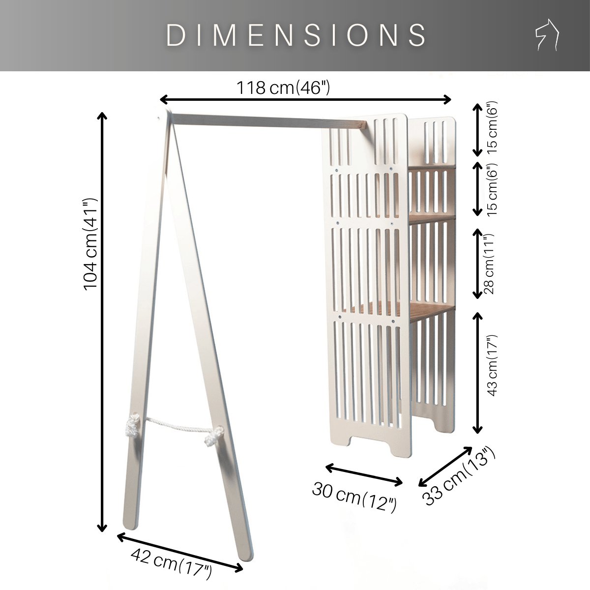 5. Size chart for Ewart Woods kids wooden clothing rack with dimensions in centimeters and inches