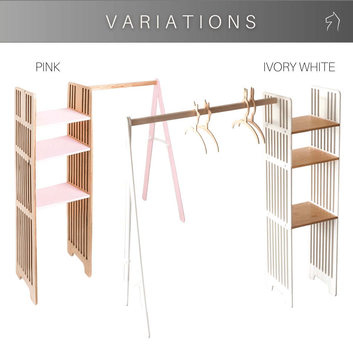 4. Ewart Woods kids wooden clothing rack in pink and ivory white variations with slatted shelves