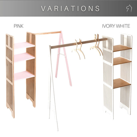 4. Ewart Woods kids wooden clothing rack in pink and ivory white variations with slatted shelves