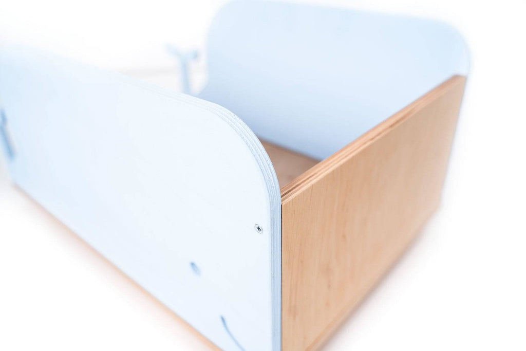 4. Blue whale-shaped wooden toy box with plywood base showing side and back detail
