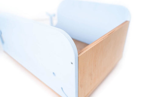 4. Blue whale-shaped wooden toy box with plywood base showing side and back detail