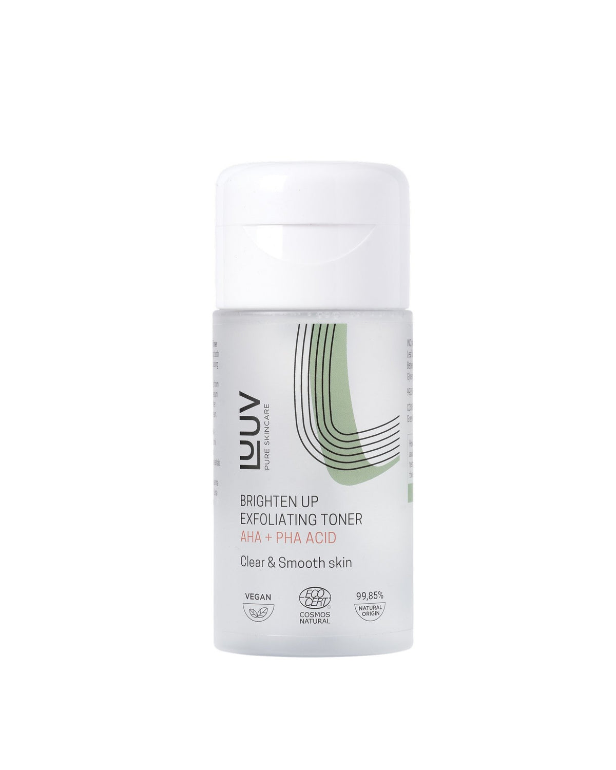 2. LUUV Exfoliating Face Toner with AHA and PHA Acid, 120 ml, shown in a studio with a white background highlighting the product label