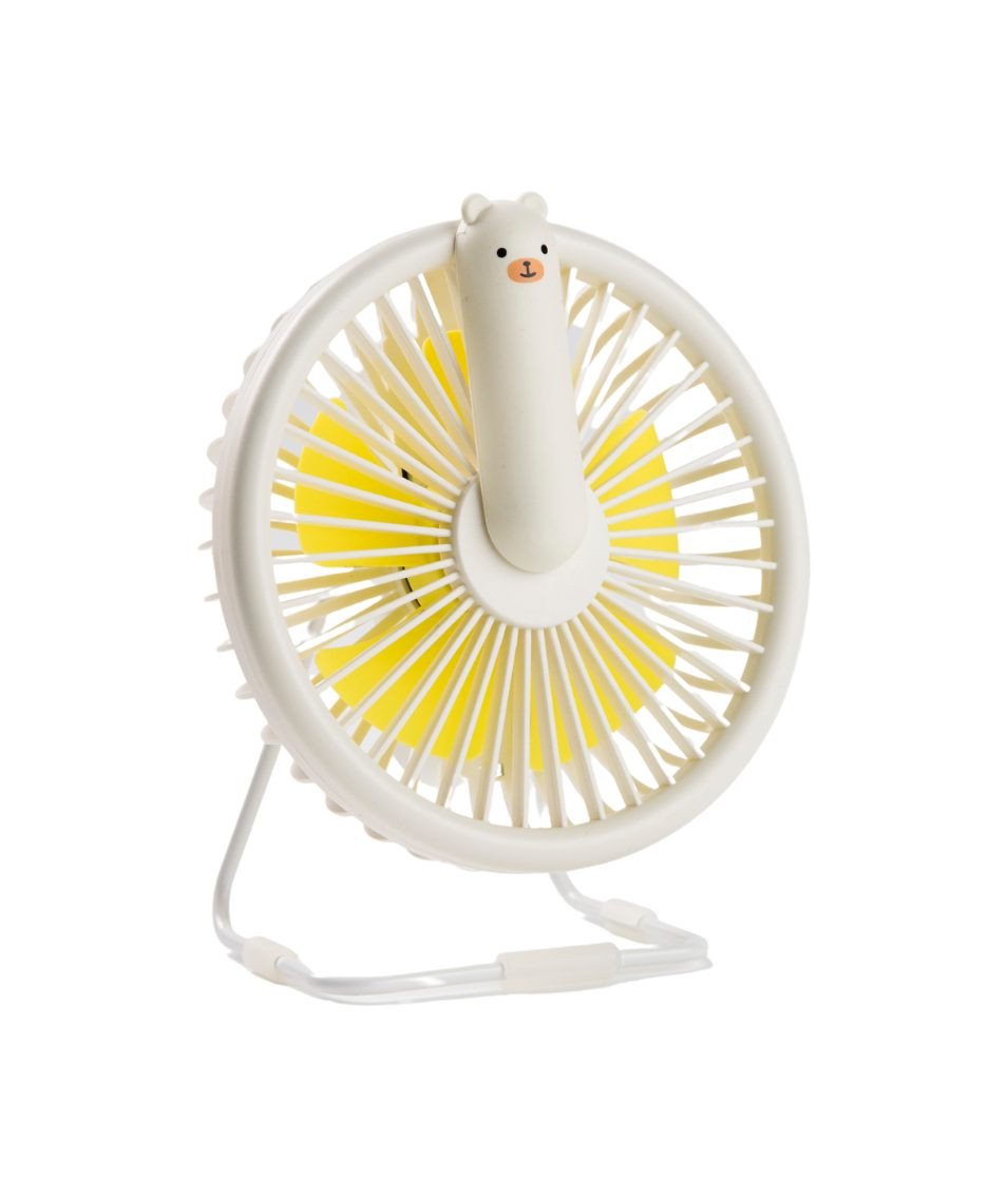 2. White Little Bear Fan Lamp with yellow blades on a stand, shown in a studio setting