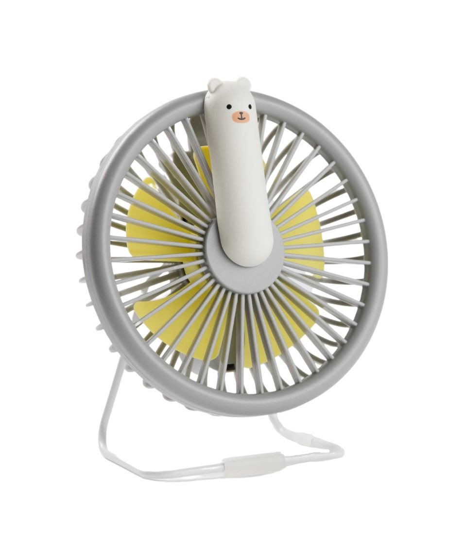2. Studio shot of grey Little Bear Fan Lamp with bear design and yellow fan blades on white background