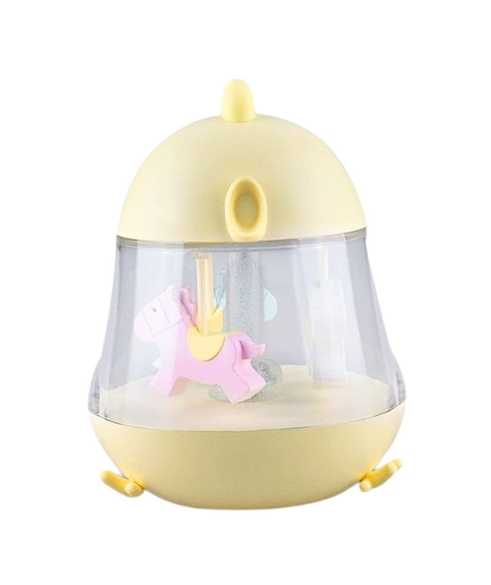 3. Close-up of yellow Rabbit & Friends lamp with carousel and music box, featuring pink horse inside clear dome