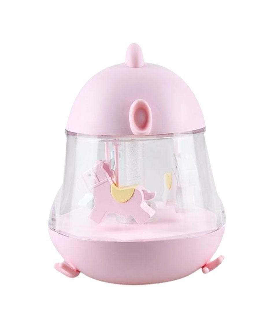 2. Pink Rabbit & Friends lamp with carousel and music box featuring spinning horses on a white background