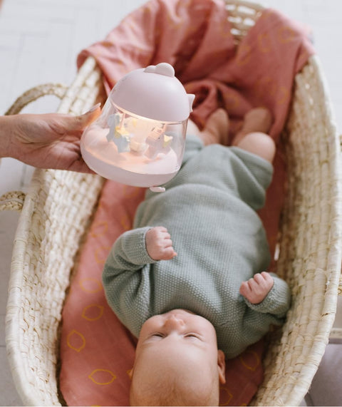 1. Baby in a basket with a pink Rabbit & Friends lamp with carousel and music box held above