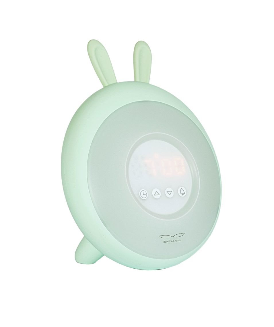 2. Green Rabbit & Friends lamp with alarm clock and rabbit ears on white background, side view