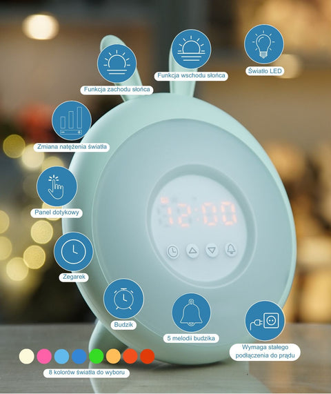3. Close-up of green Rabbit & Friends lamp with alarm clock, showing digital display and feature icons