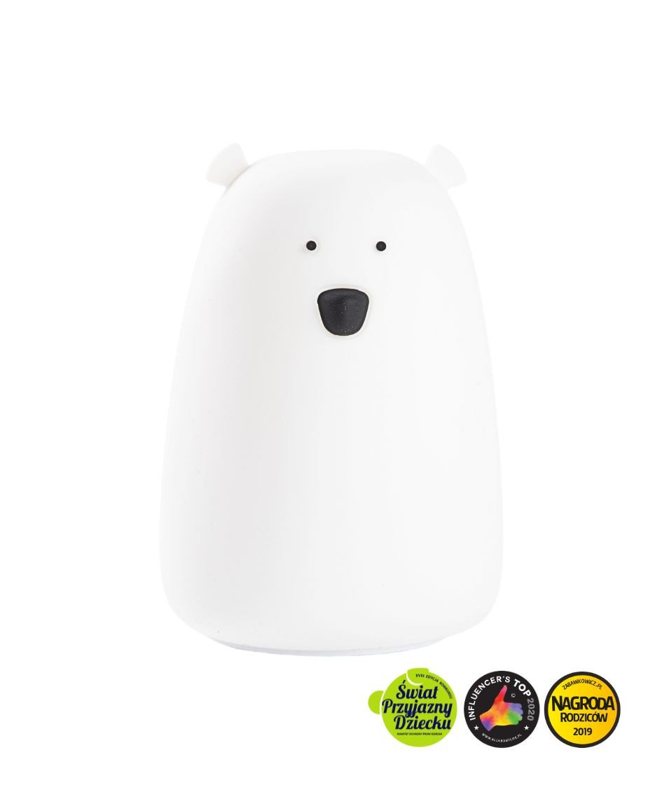 2. White Big Bear silicone lamp by Rabbit & Friends with black eyes and nose, shown on a plain background with award logos