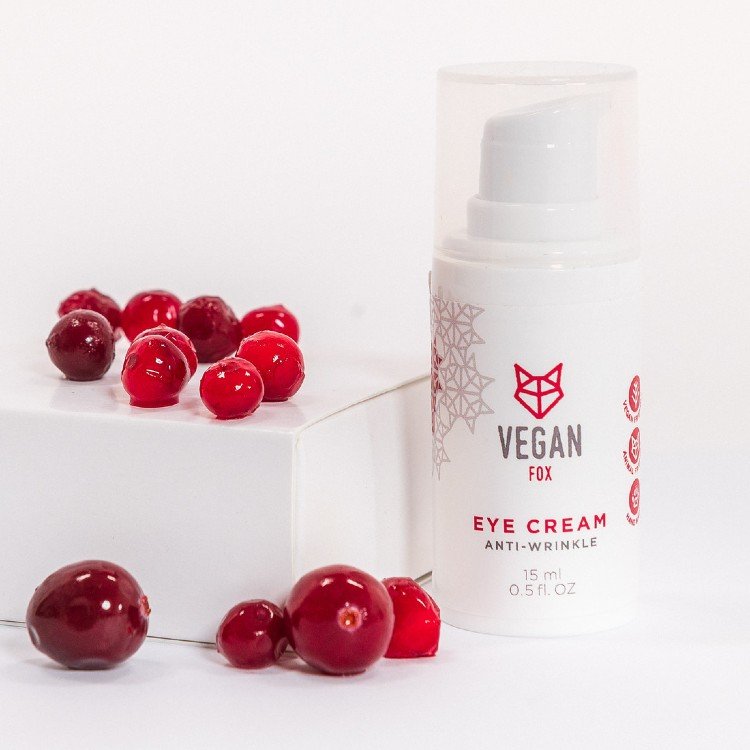 4. Vegan Fox Anti-Wrinkle Eye Cream bottle with cranberries, highlighting natural ingredients