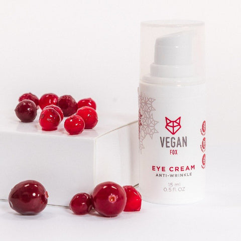 4. Vegan Fox Anti-Wrinkle Eye Cream bottle with cranberries, highlighting natural ingredients