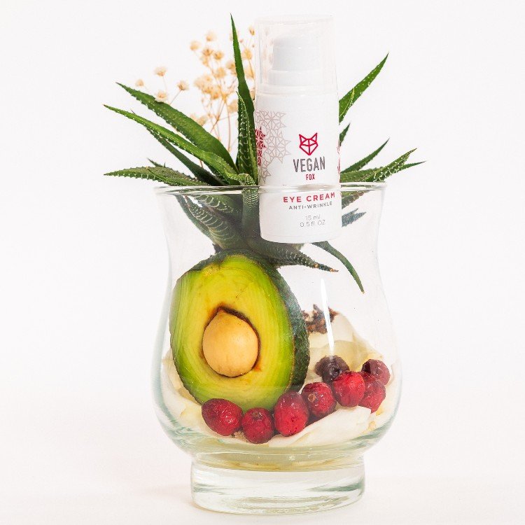 6. Vegan Fox Anti-Wrinkle Eye Cream in glass with avocado and aloe, showcasing natural ingredients