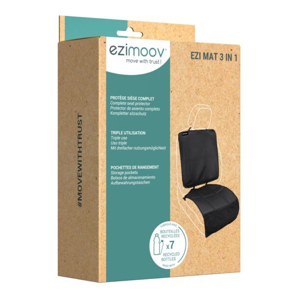 4. Packaging of Ezi Mat 3 in 1 seat protector by Ezimoov, showing product features