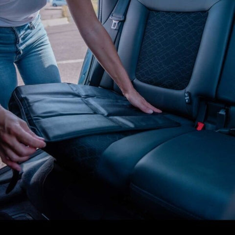 1. Person installing Ezi Mat 3 in 1 seat protector on rear car seat, showing ease of use