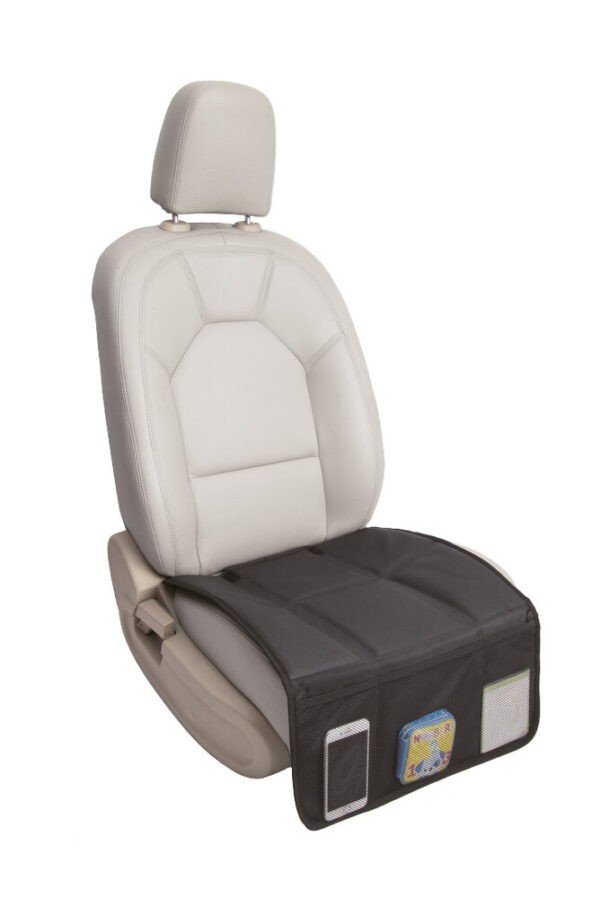 2. Ezi Mat 3 in 1 seat protector on car seat, showing storage pockets