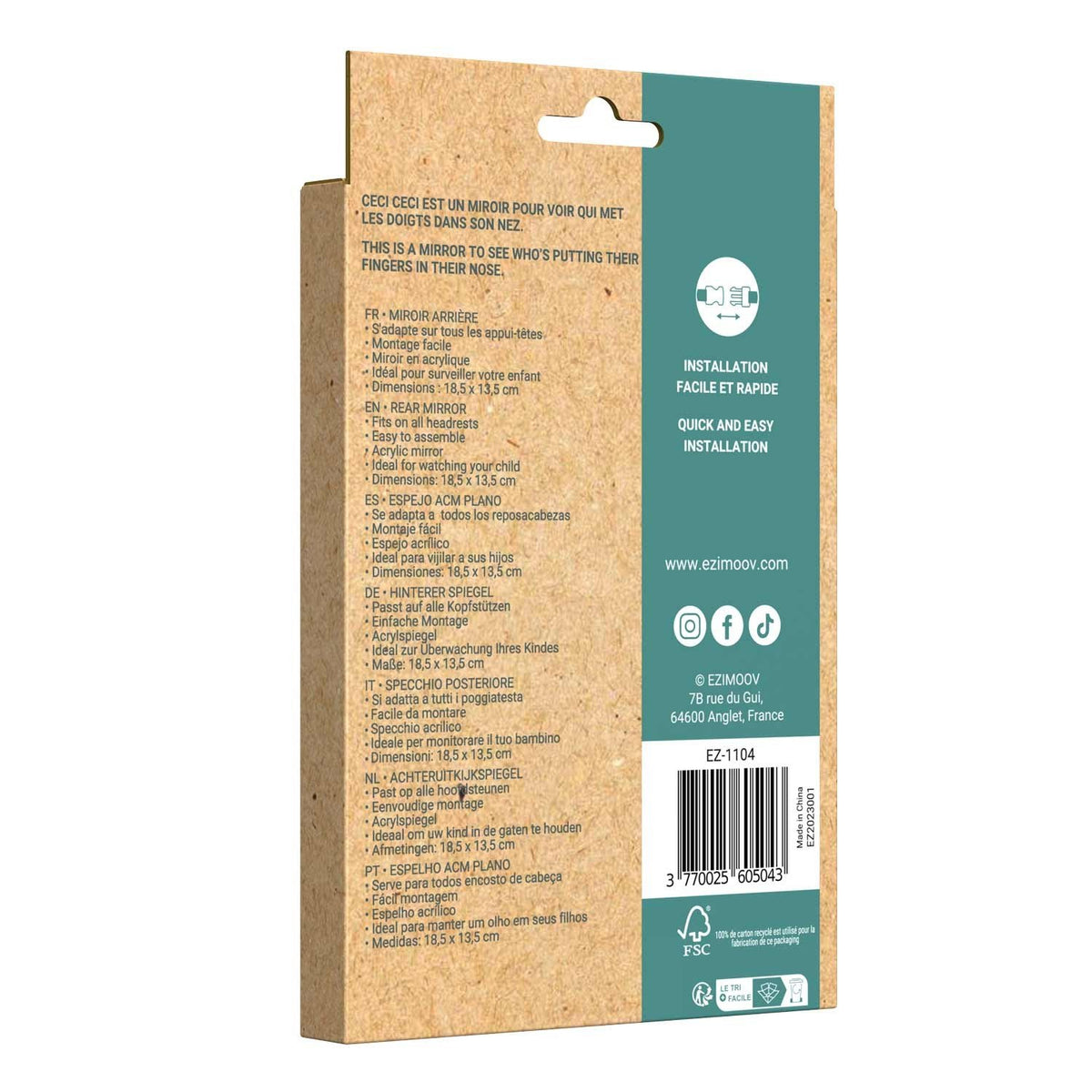 3. Packaging of Ezimoov EZI MIRROR CLASSIC with installation instructions and product details
