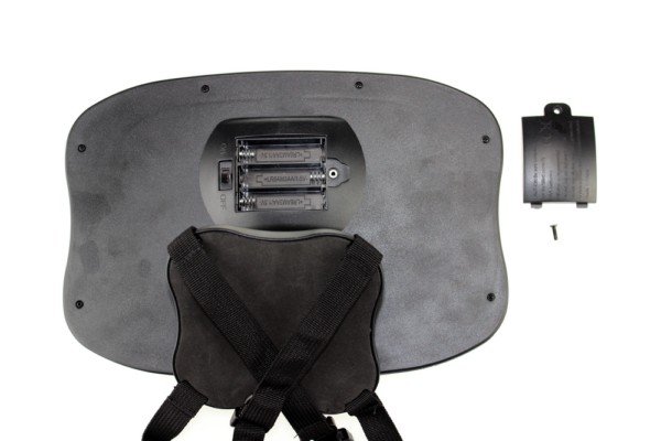 6. Back view of Ezimoov EZI MIRROR LED showing battery compartment and strap attachment
