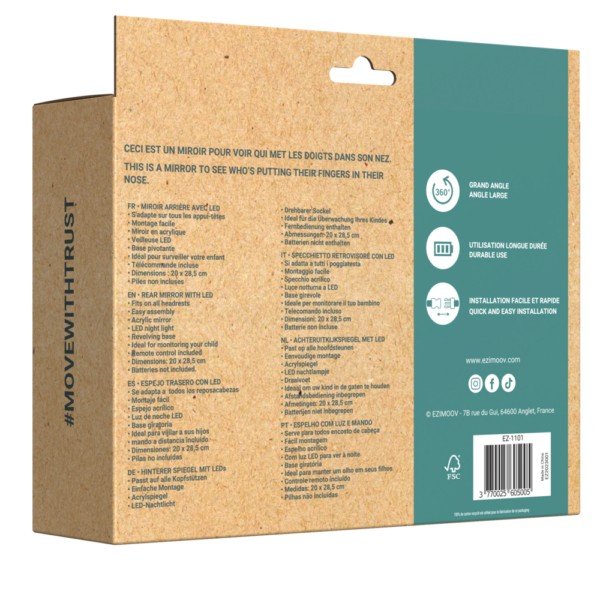 10. Back of Ezimoov EZI MIRROR LED packaging with product specifications and eco-friendly information