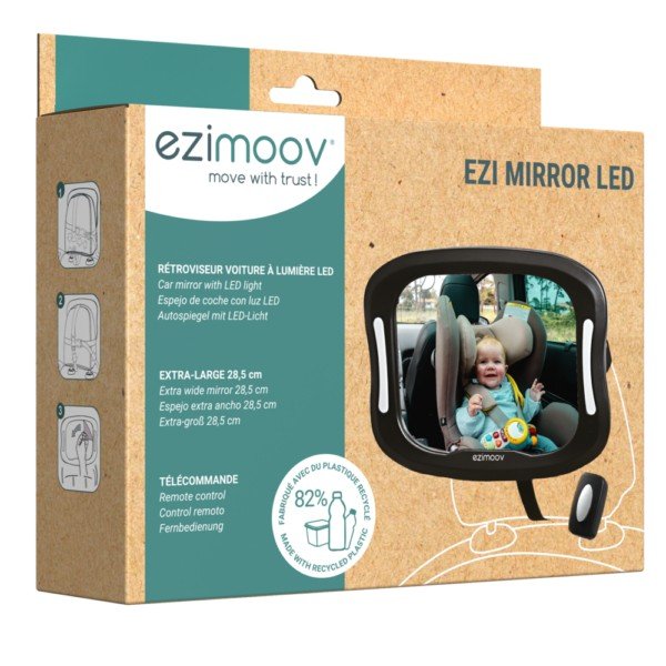 2. Ezimoov EZI MIRROR LED packaging showing mirror with baby, eco-friendly label, and remote control