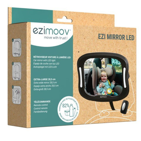 2. Ezimoov EZI MIRROR LED packaging showing mirror with baby, eco-friendly label, and remote control