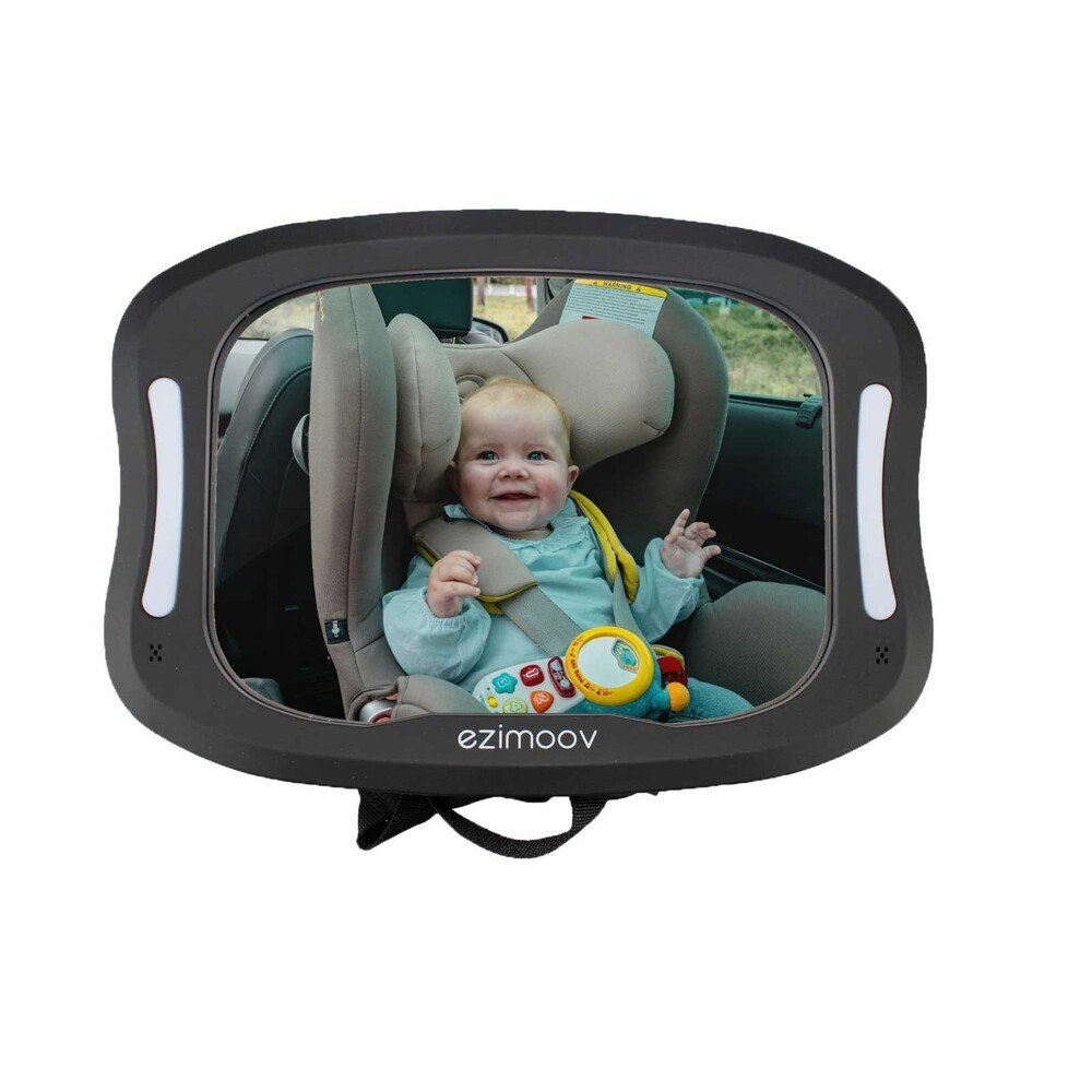 1. Baby in car seat visible in Ezimoov EZI MIRROR LED with black frame and LED lights, installed on headrest
