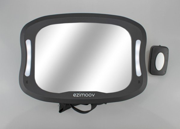 5. Ezimoov EZI MIRROR LED with remote control on grey background, highlighting LED lights and brand logo