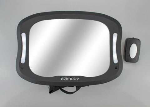 5. Ezimoov EZI MIRROR LED with remote control on grey background, highlighting LED lights and brand logo