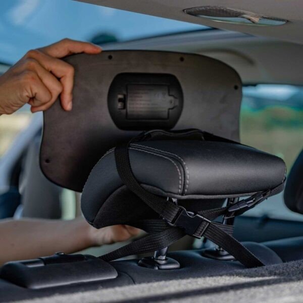 7. Installation of Ezimoov EZI MIRROR LED on car headrest with adjustable straps