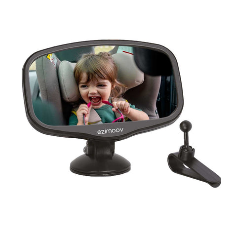 1. Child smiling in car seat reflected in Ezimoov EZI MIRROR MINI with suction cup and clip attachments