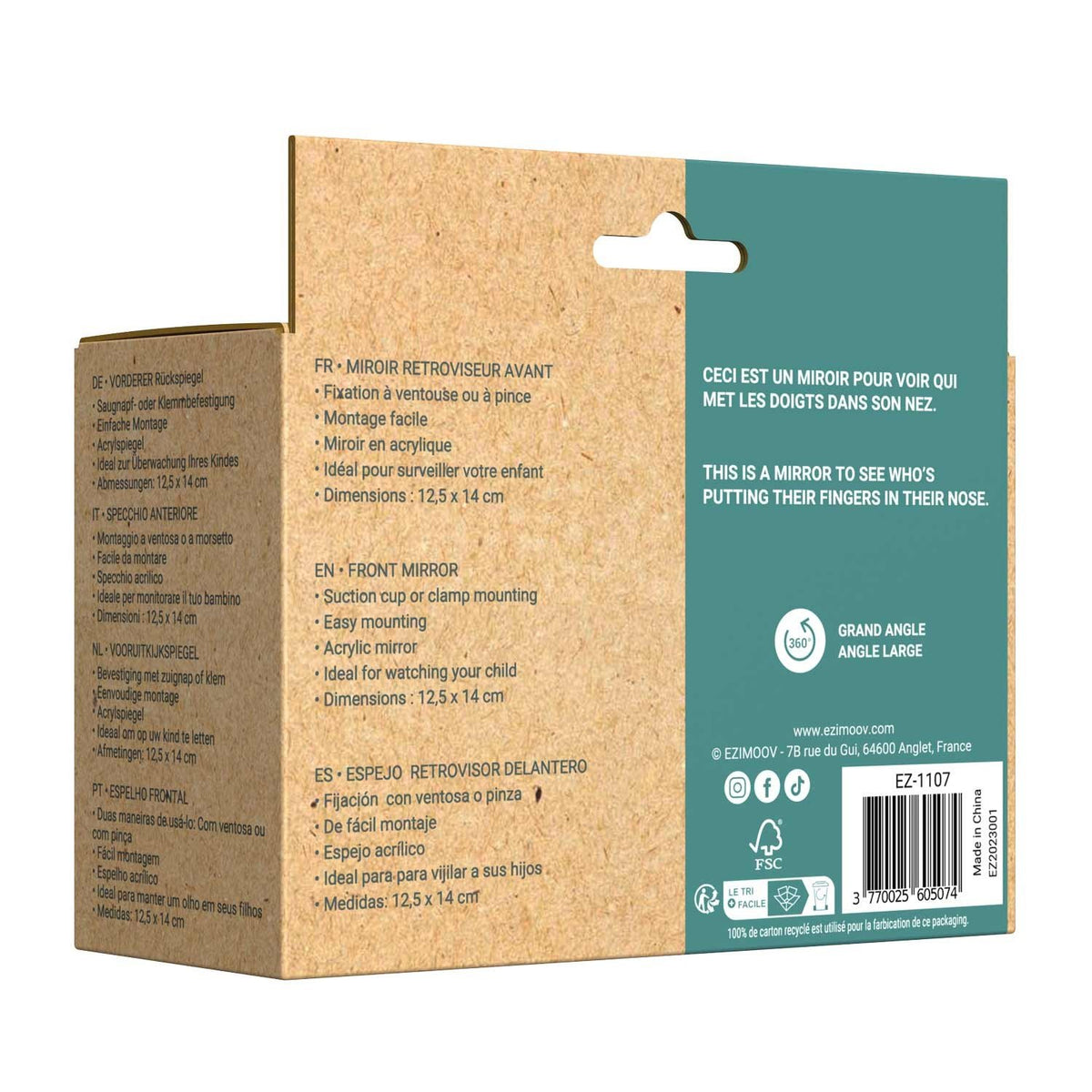 8. Packaging of Ezimoov EZI MIRROR MINI with product details and eco-friendly information