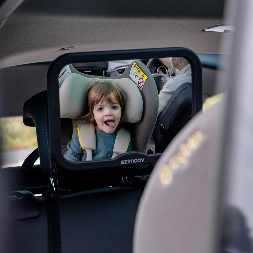 2. Ezimoov EZI MIRROR SQUARE showing child in car seat, highlighting wide view and secure attachment